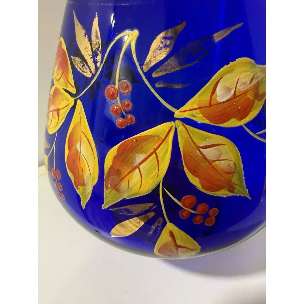 Bohemian Czech Cobalt Blue Cut To Clear Hand Painted Floral Dish Gold Trim